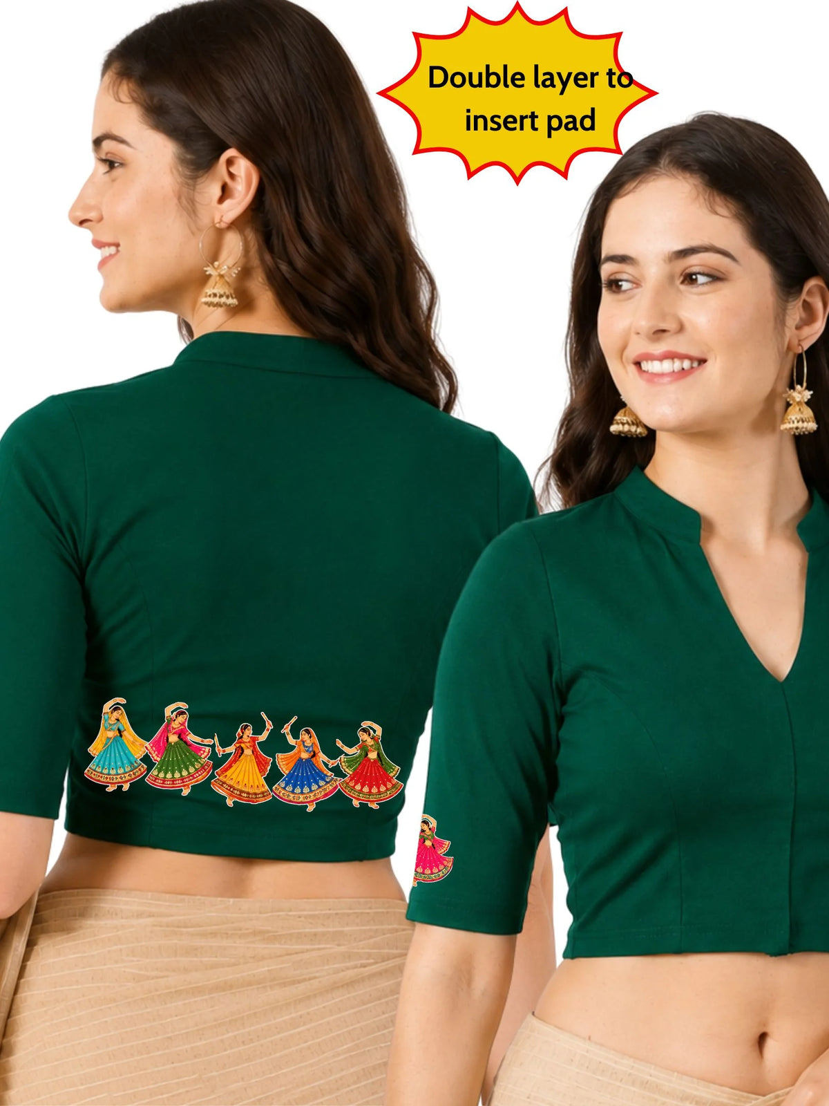 Women Mandarin Collar Back Printed Stretchable Elbow Sleeve Blouse U0281 Bottle Green