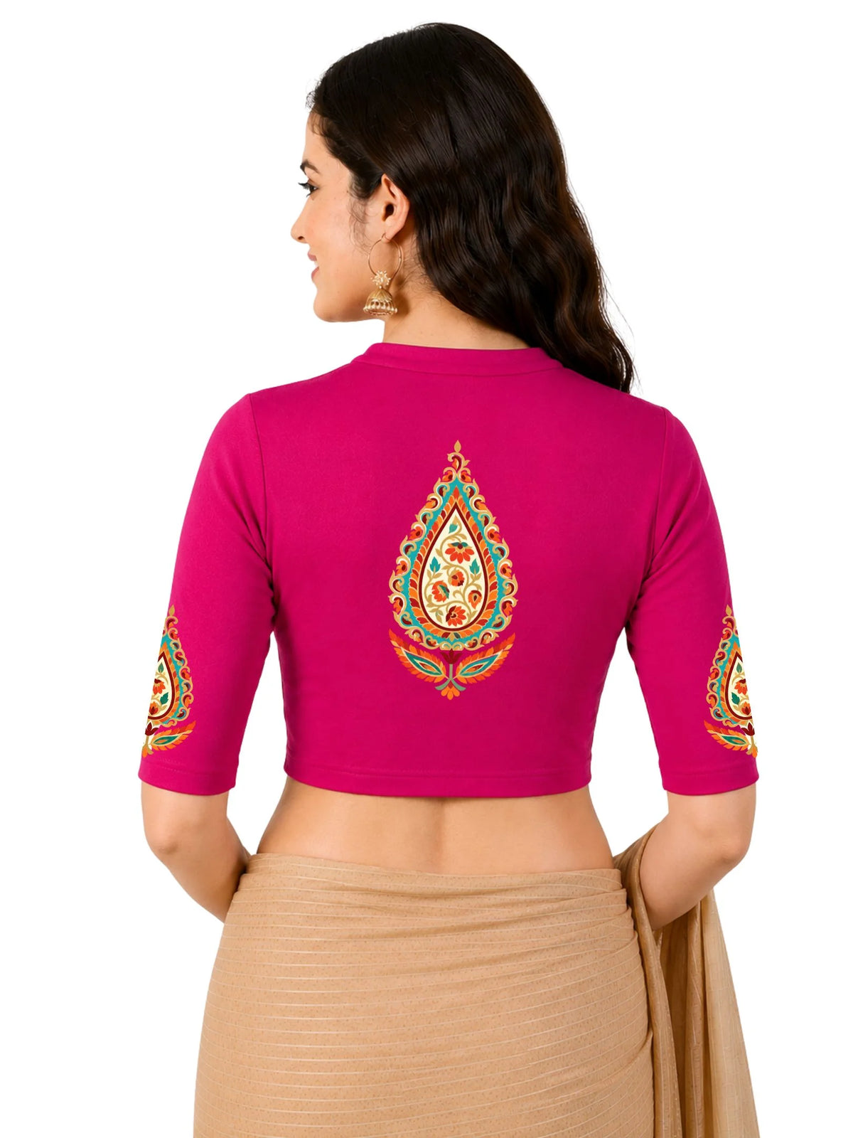 Women Mandarin Collar Back Printed Stretchable Elbow Sleeve Blouse U0279 Rani Pink