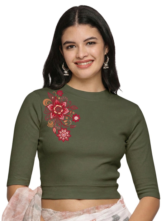 Women Back Printed Stretchable Elbow Sleeve RIB Blouse U0122 Olive Green