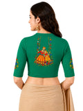 Women Mandarin Collar Back Printed Stretchable Elbow Sleeve Blouse U0267 Emerald Green