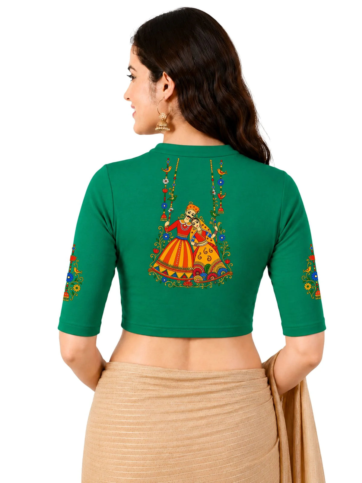 Women Mandarin Collar Back Printed Stretchable Elbow Sleeve Blouse U0267 Emerald Green