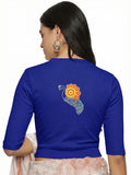 Women Back Printed Stretchable Elbow Sleeve RIB Blouse U0146 Royal Blue