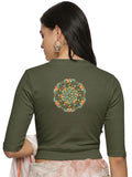 Women Back Printed Stretchable Elbow Sleeve RIB Blouse U0119 Olive Green