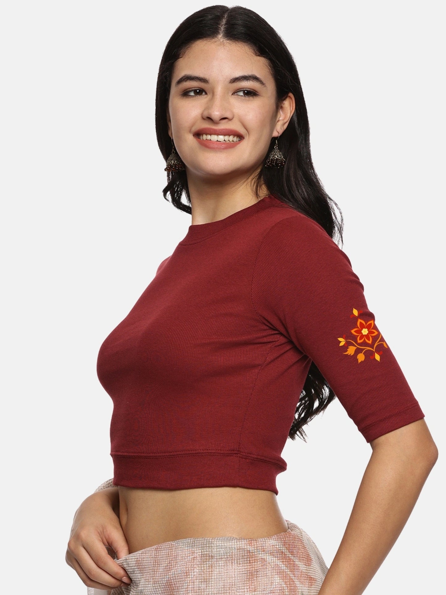 Women Back Printed Stretchable Elbow Sleeve RIB Blouse U0158 Maroon