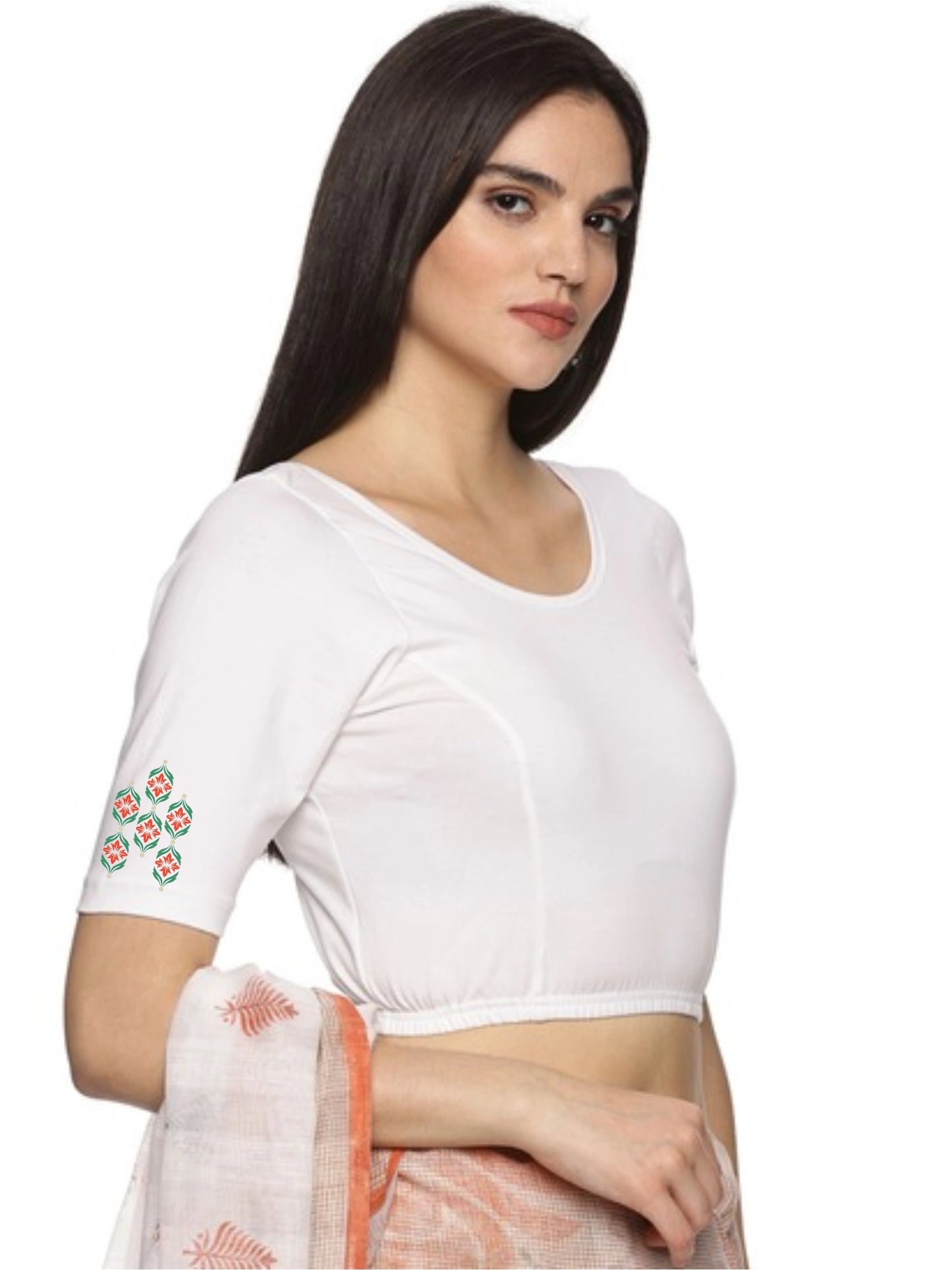 Women Back Printed Stretchable Half Sleeve Blouse U0178 White