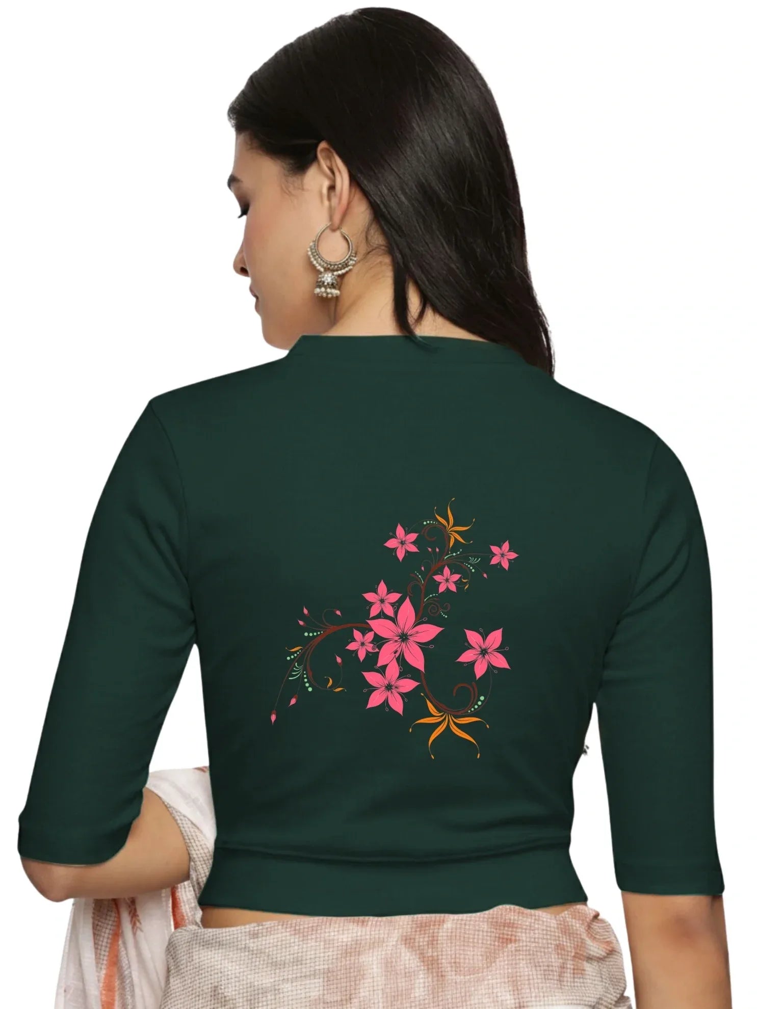 Women Back Printed Stretchable Elbow Sleeve RIB Blouse U0113 - notyetbyus