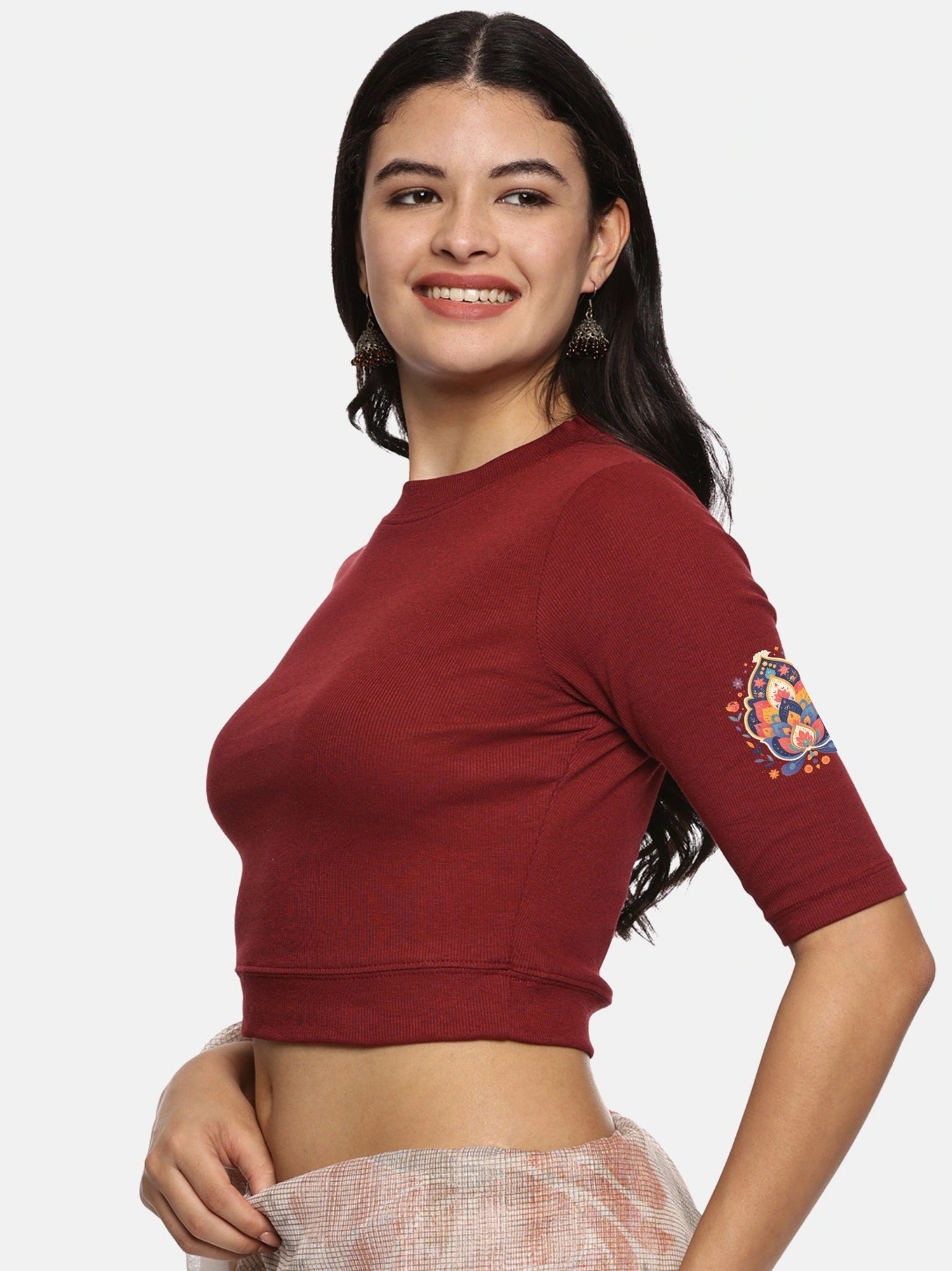 Women Back Printed Stretchable Elbow Sleeve RIB Blouse U0157 Maroon