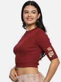 Women Back Printed Stretchable Elbow Sleeve RIB Blouse U0114 Maroon
