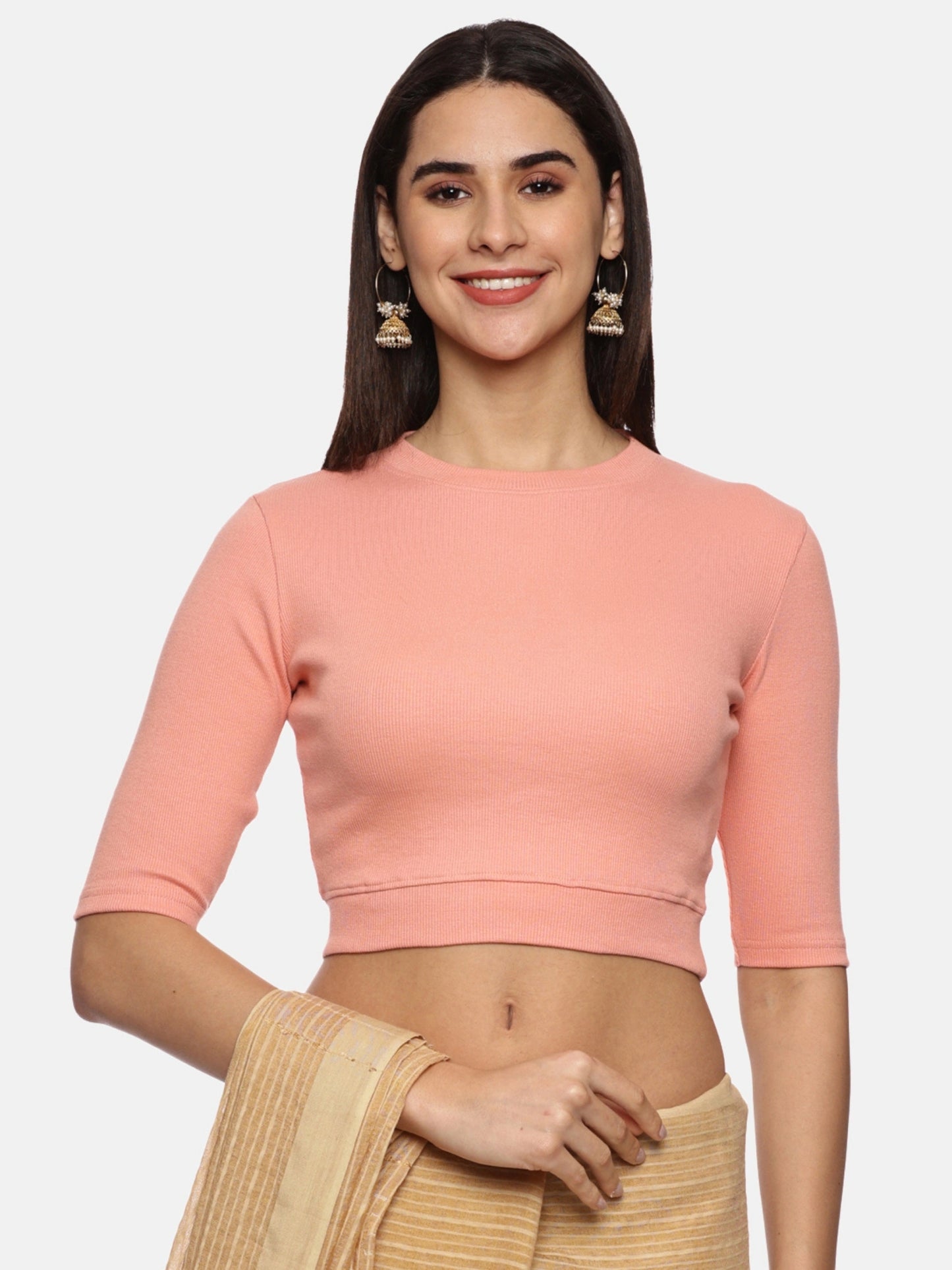 Women Back Printed Stretchable Elbow Sleeve RIB Blouse U0171 Peach