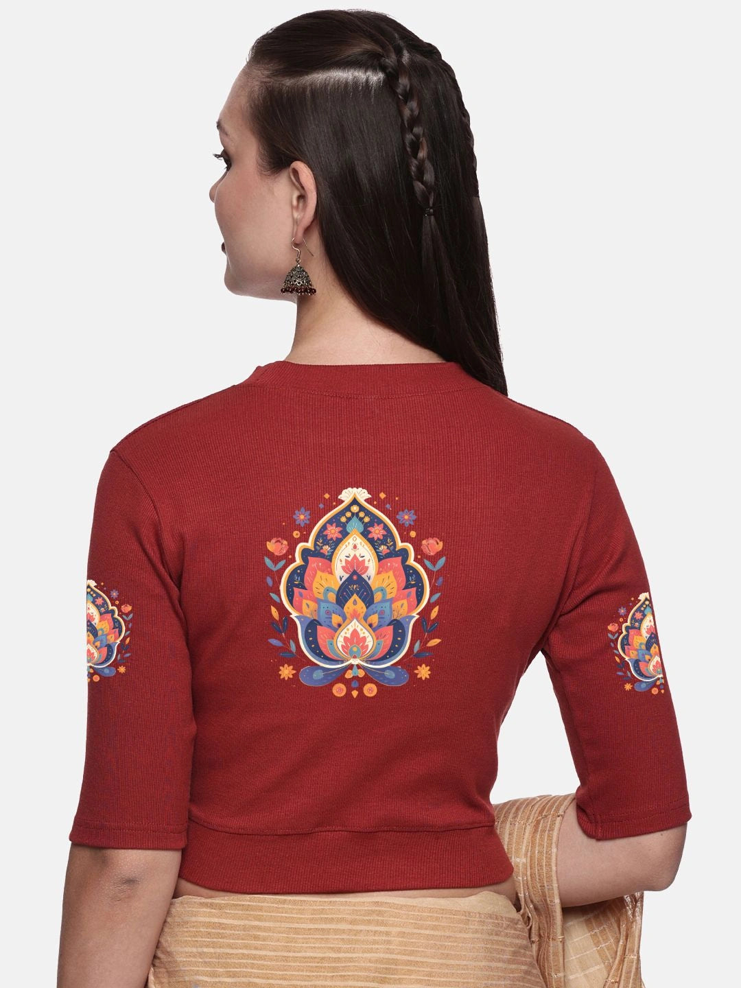 Women Back Printed Stretchable Elbow Sleeve RIB Blouse U0157