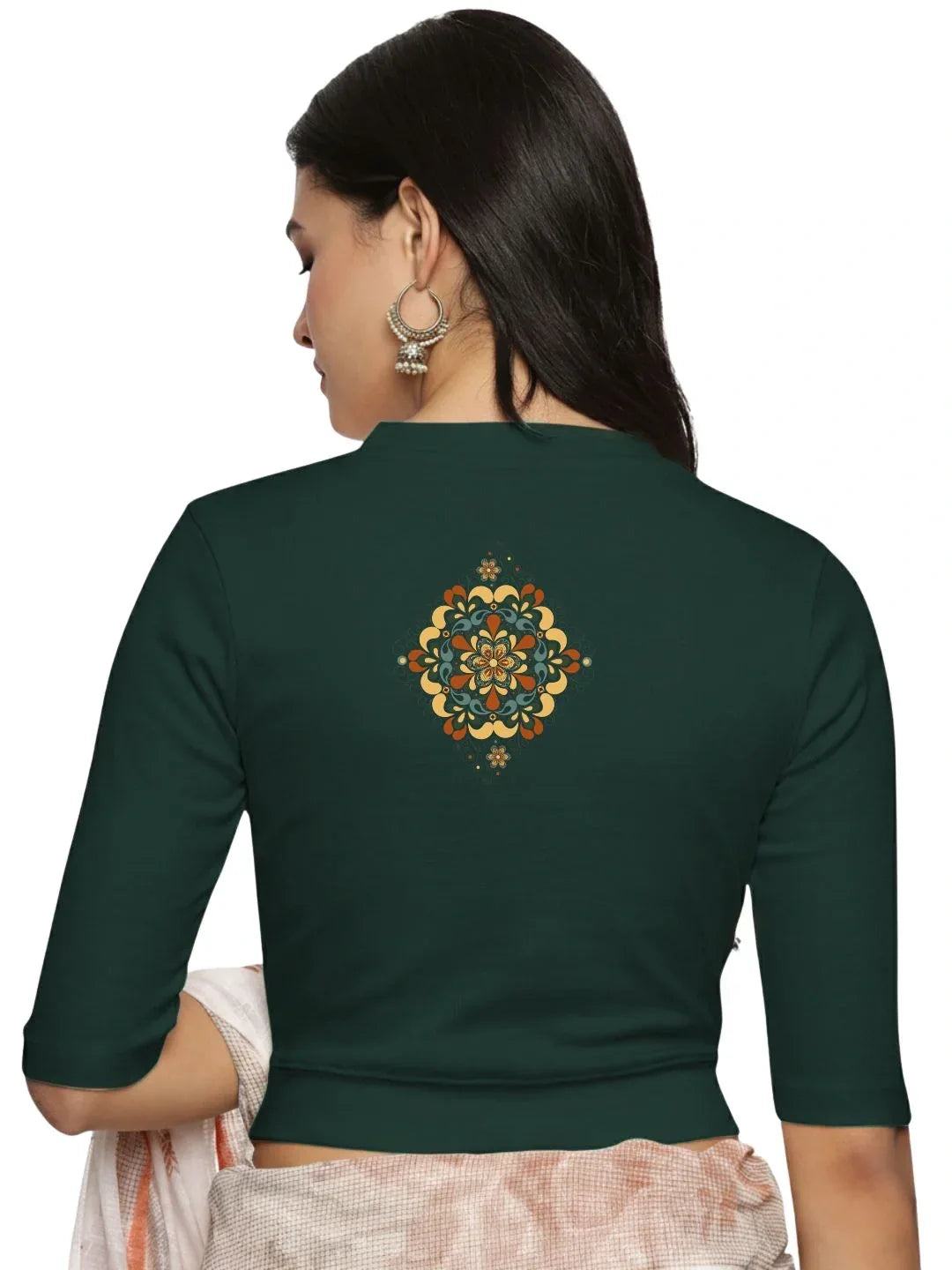 Women Back Printed Stretchable Elbow Sleeve RIB Blouse U0167 - notyetbyus