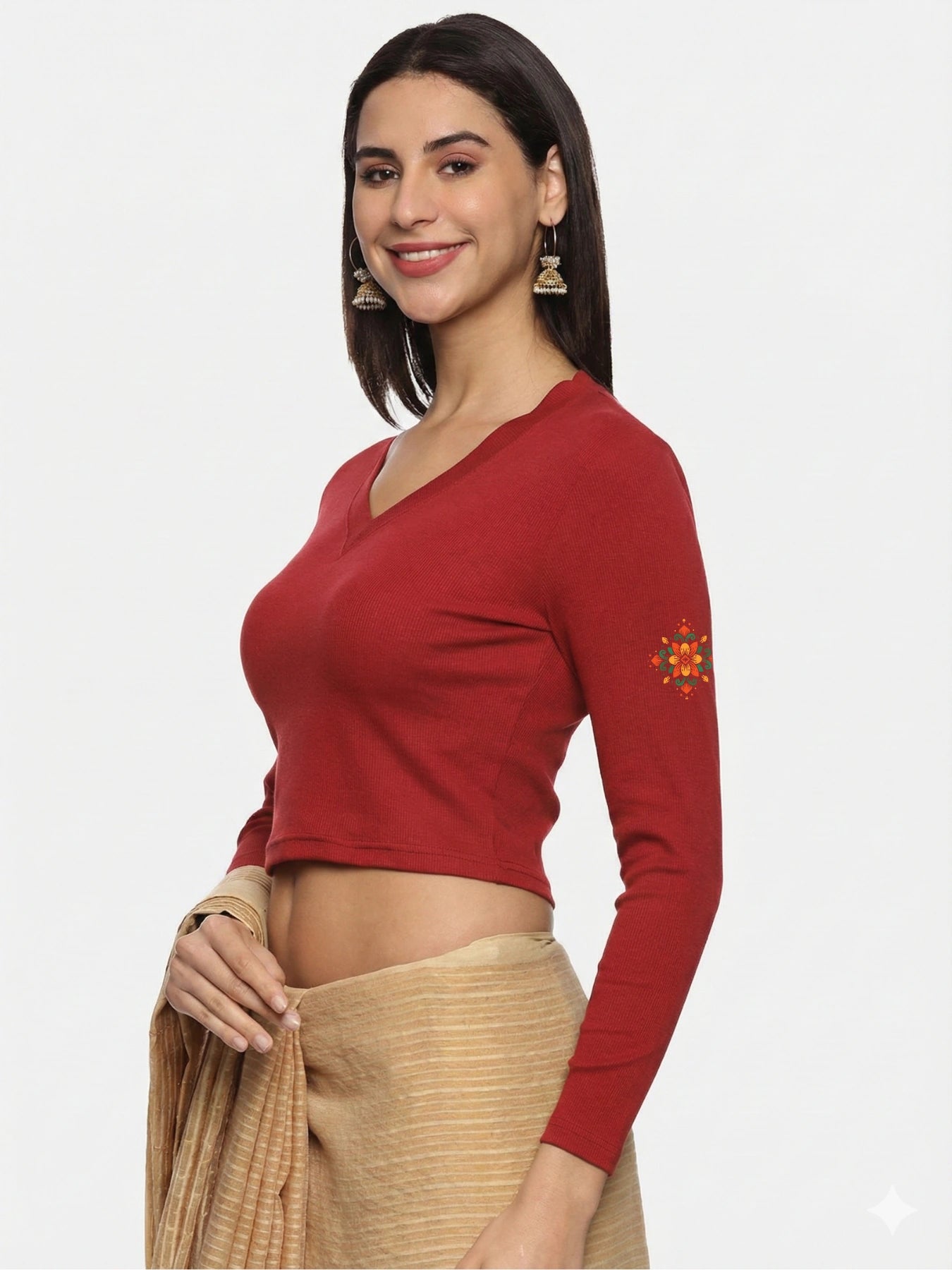 Women Back Printed Stretchable Full Sleeve V Neck RIB Blouse U0215 Red