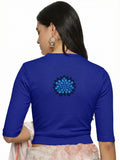 Women Back Printed Stretchable Elbow Sleeve RIB Blouse U0169 Royal Blue
