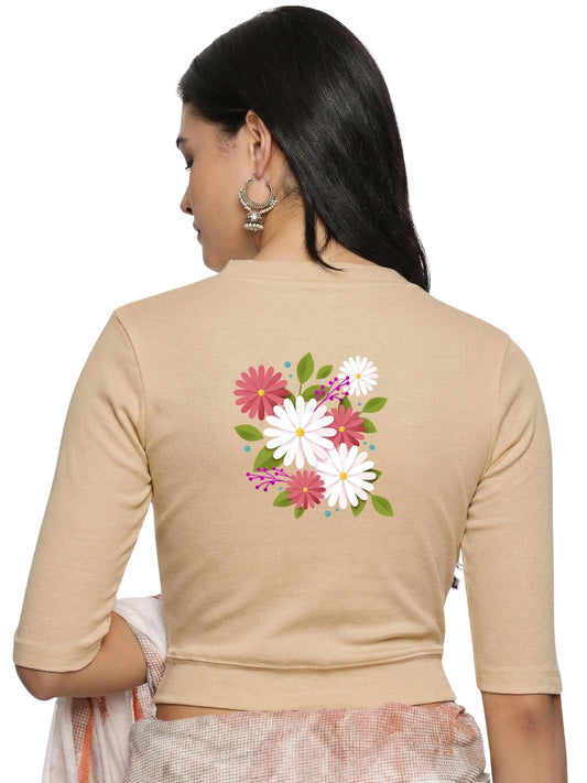 Women Back Printed Stretchable Elbow Sleeve RIB Blouse U0145 Chikoo