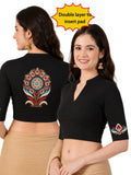 Women Mandarin Collar Back Printed Stretchable Elbow Sleeve Blouse U0280 Black