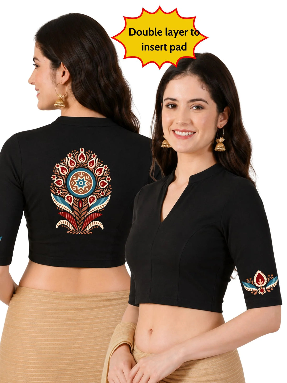 Women Mandarin Collar Back Printed Stretchable Elbow Sleeve Blouse U0280 Black