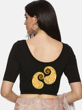 Women Back Printed Stretchable Half Sleeve  Blouse U080 Black