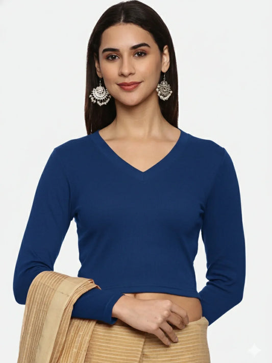 Women Plain Stretchable Full Sleeve V Neck RIB Blouse U0191 - notyetbyus