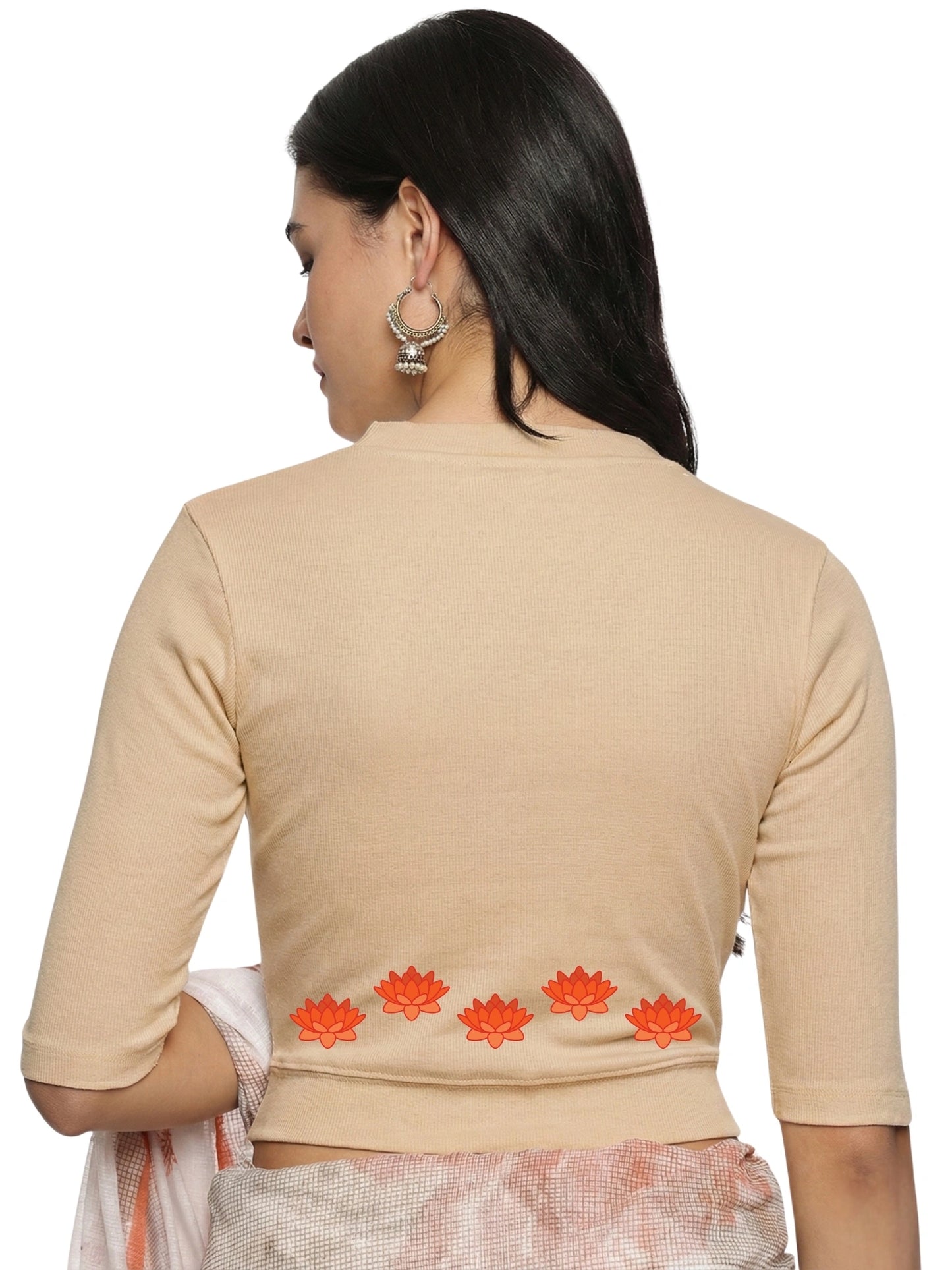 Women Back Printed Stretchable Elbow Sleeve RIB Blouse U0147 Chikoo