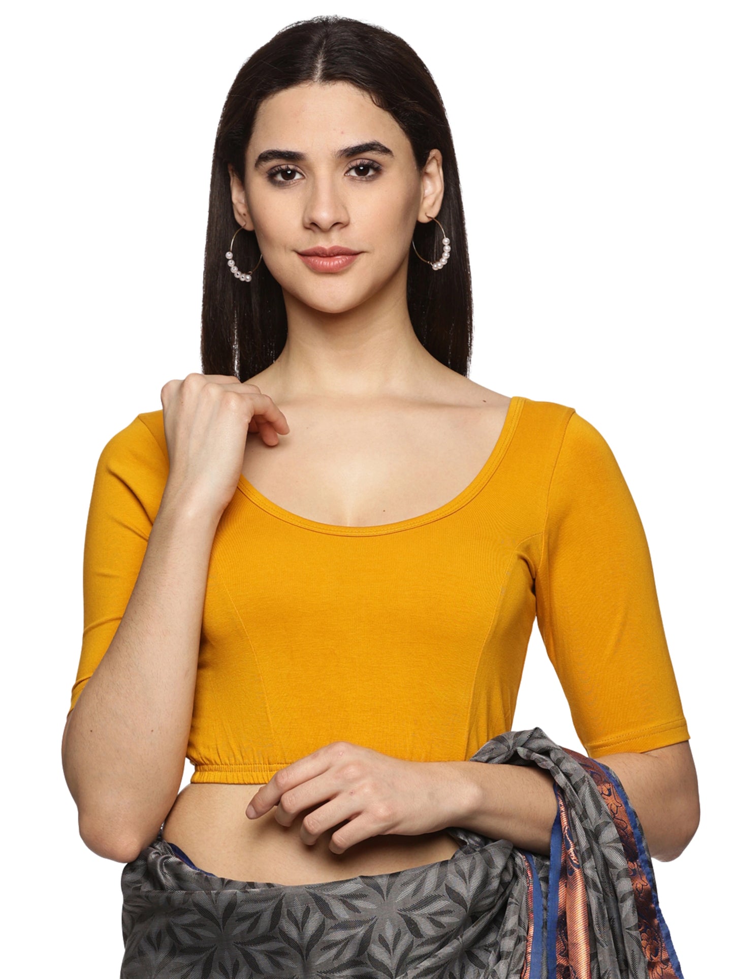 Women Plain Stretchable Half Sleeve Blouse U01A Mustard