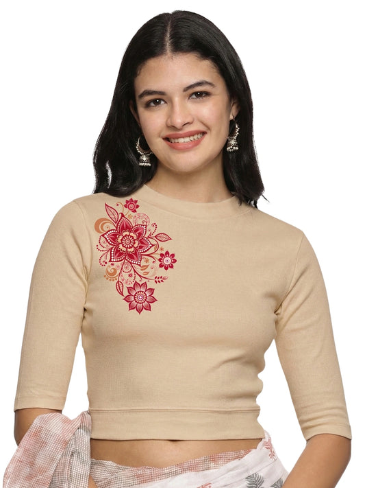 Women Back Printed Stretchable Elbow Sleeve RIB Blouse U0122 Chikoo