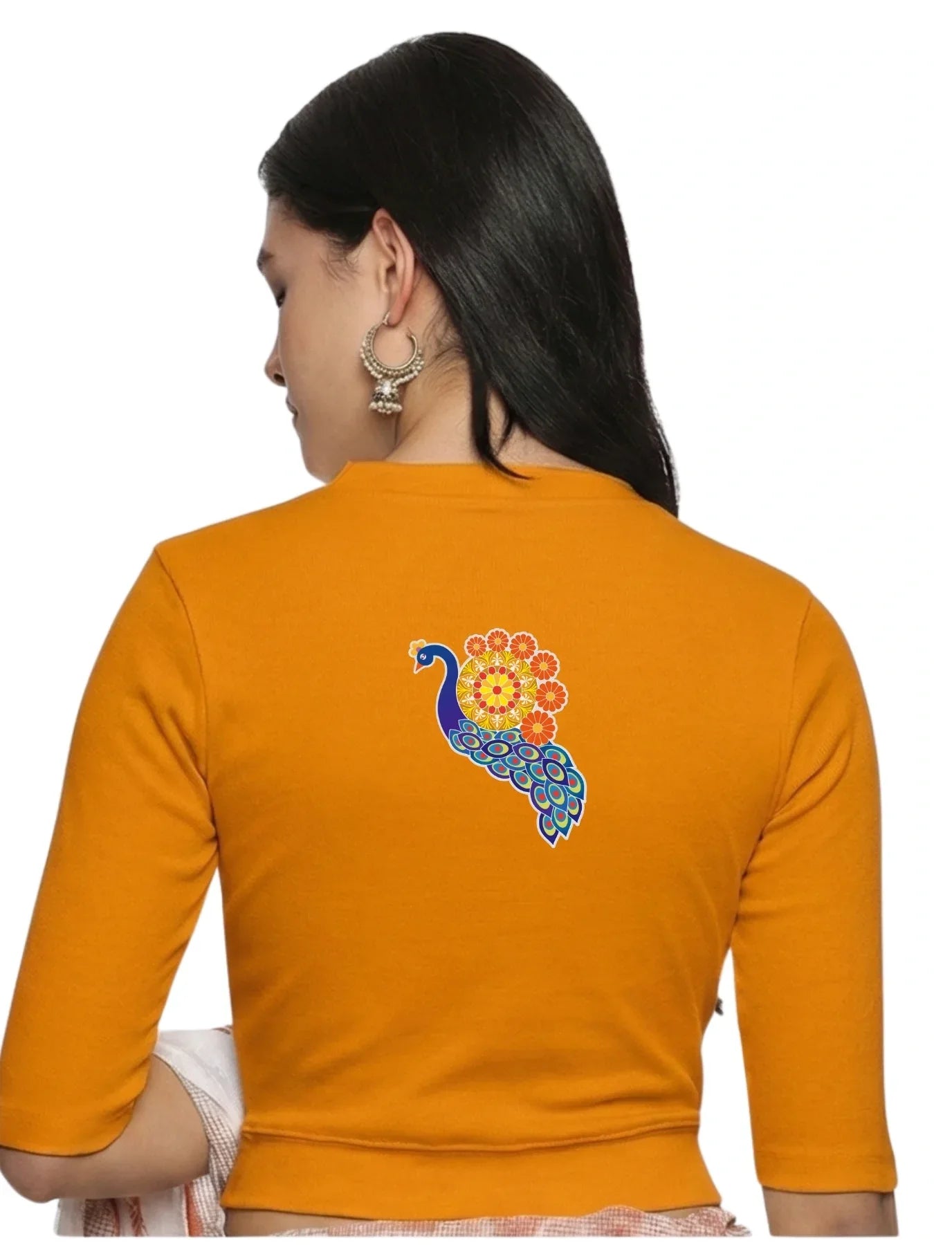 Women Back Printed Stretchable Elbow Sleeve RIB Blouse U0146 - notyetbyus