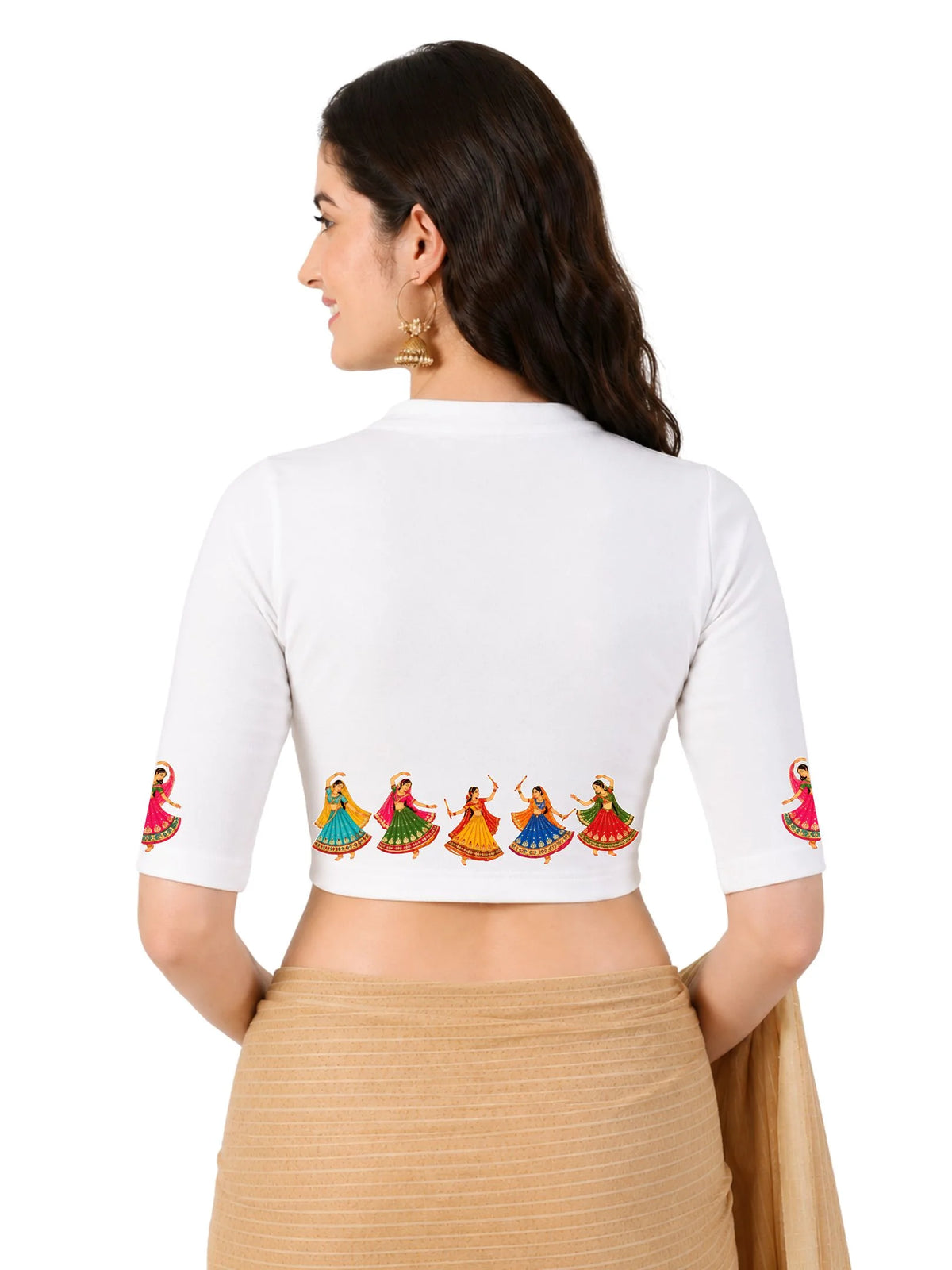 Women Mandarin Collar Back Printed Stretchable Elbow Sleeve Blouse U0281 White