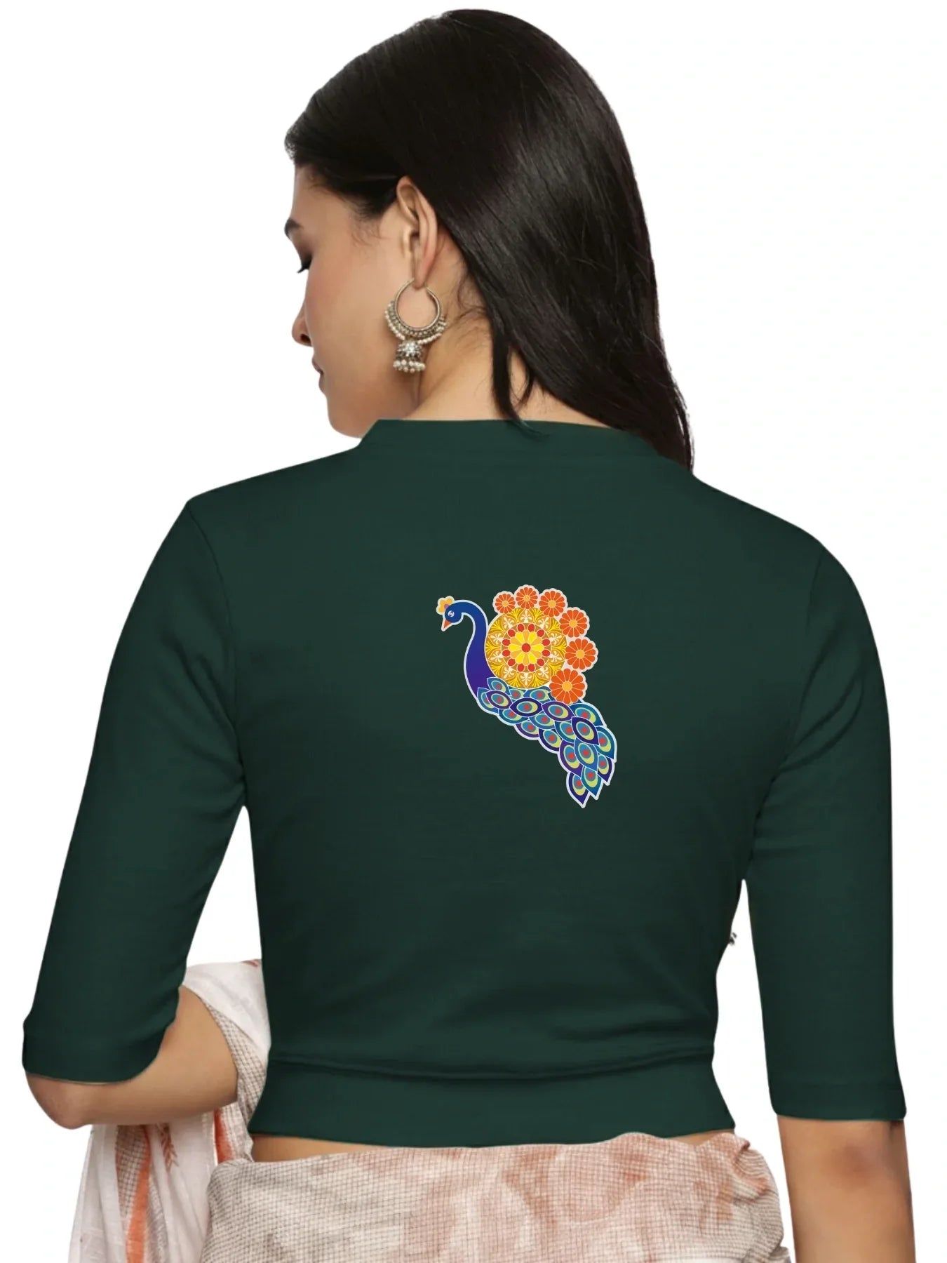 Women Back Printed Stretchable Elbow Sleeve RIB Blouse U0146 - notyetbyus