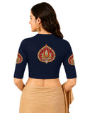 Women Mandarin Collar Back Printed Stretchable Elbow Sleeve Blouse U0269 Navy