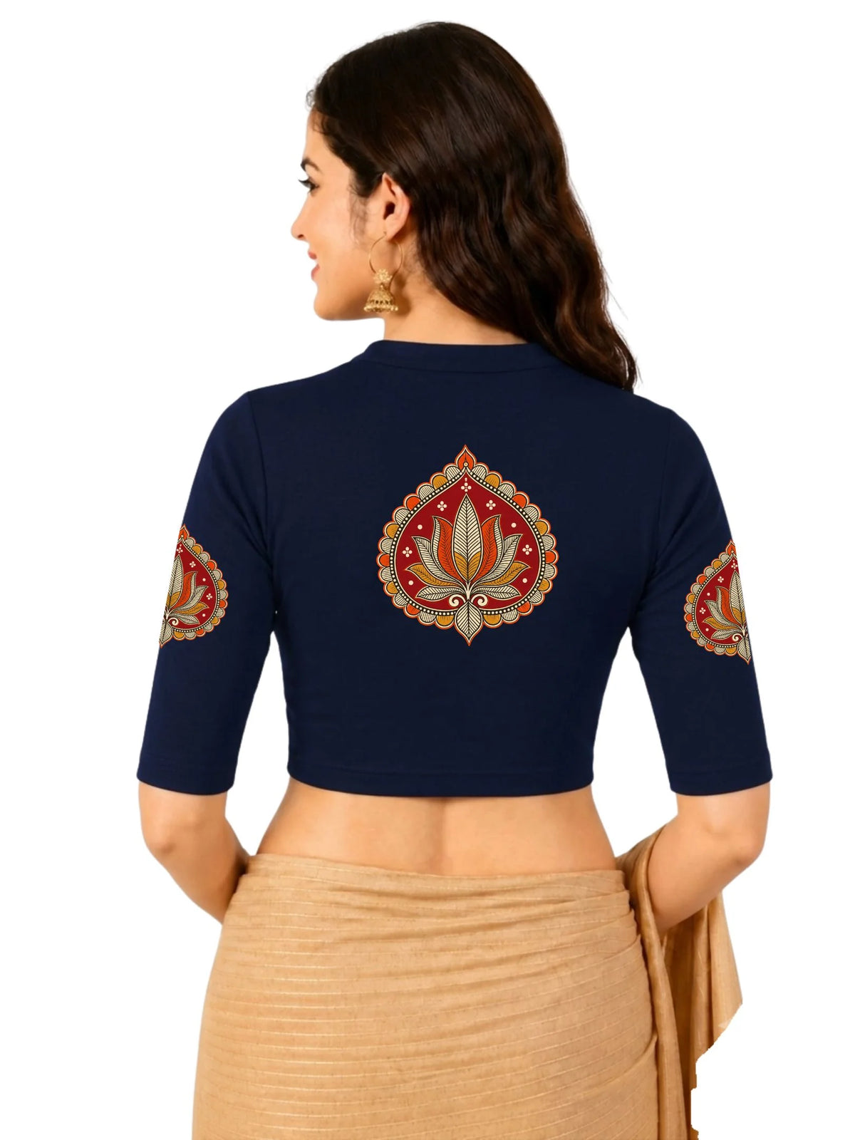 Women Mandarin Collar Back Printed Stretchable Elbow Sleeve Blouse U0269 Navy
