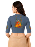Women Mandarin Collar Back Printed Stretchable Elbow Sleeve Blouse U0267 Elephant Grey
