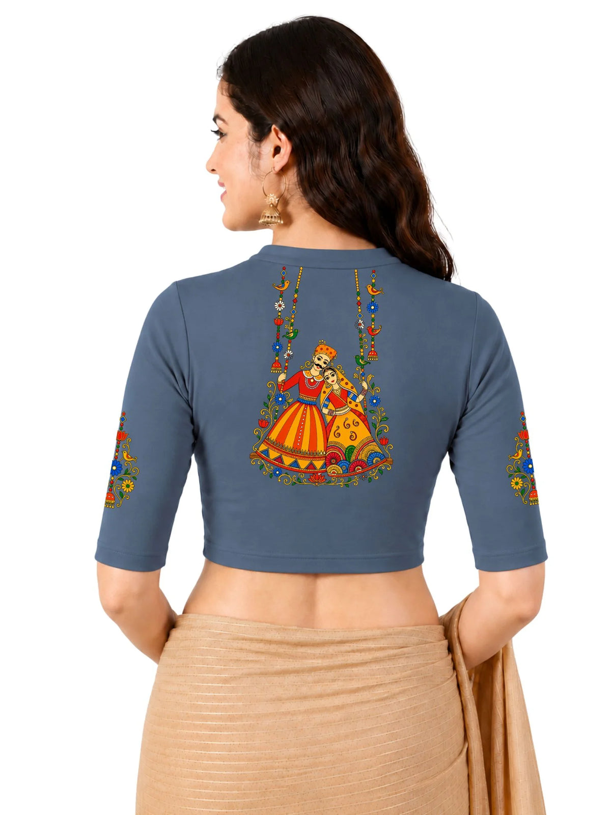 Women Mandarin Collar Back Printed Stretchable Elbow Sleeve Blouse U0267 Elephant Grey