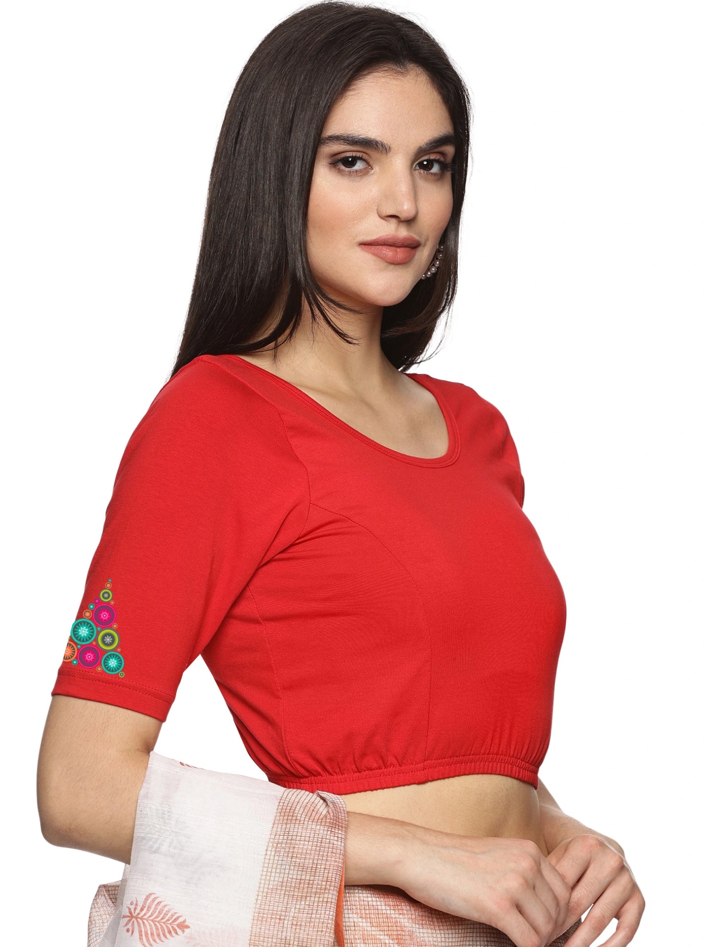 Women Back Printed Stretchable Half Sleeve Blouse U0173 Red