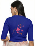 Women Back Printed Stretchable Elbow Sleeve RIB Blouse U0113 Royal Blue