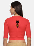 Women Back Printed Stretchable Elbow Sleeve RIB Blouse U0221 Coral
