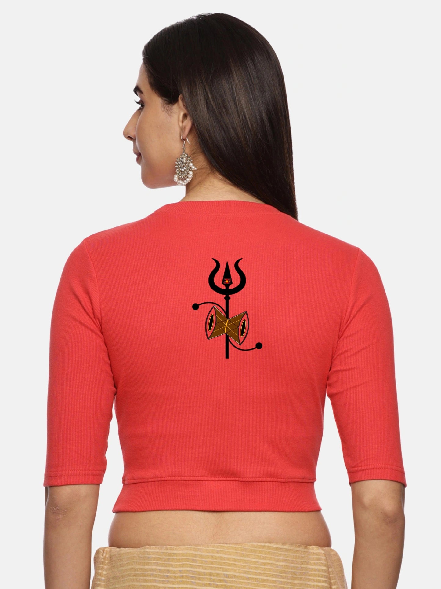 Women Back Printed Stretchable Elbow Sleeve RIB Blouse U0221 Coral