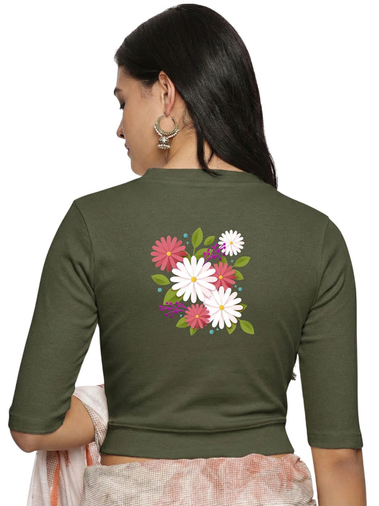 Women Back Printed Stretchable Elbow Sleeve RIB Blouse U0145 Olive Green