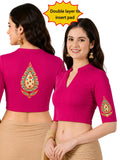 Women Mandarin Collar Back Printed Stretchable Elbow Sleeve Blouse U0279 Rani Pink