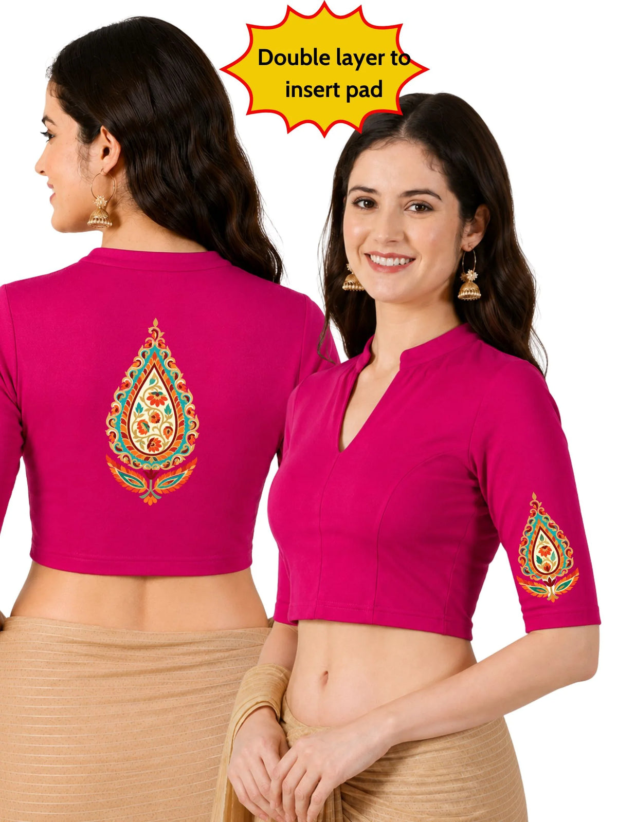 Women Mandarin Collar Back Printed Stretchable Elbow Sleeve Blouse U0279 Rani Pink
