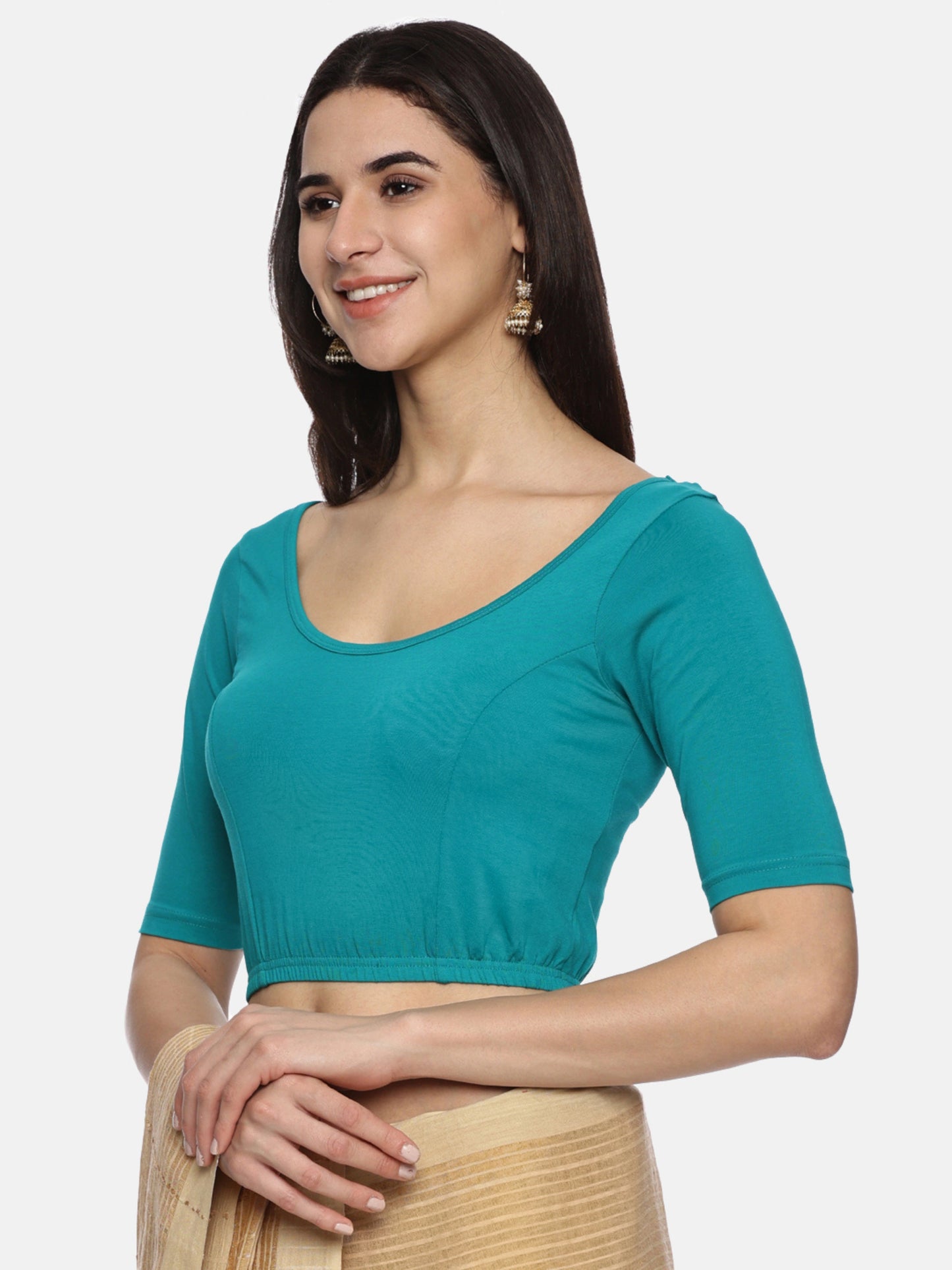 Women Plain Stretchable Half Sleeve Blouse U01A Rama Green