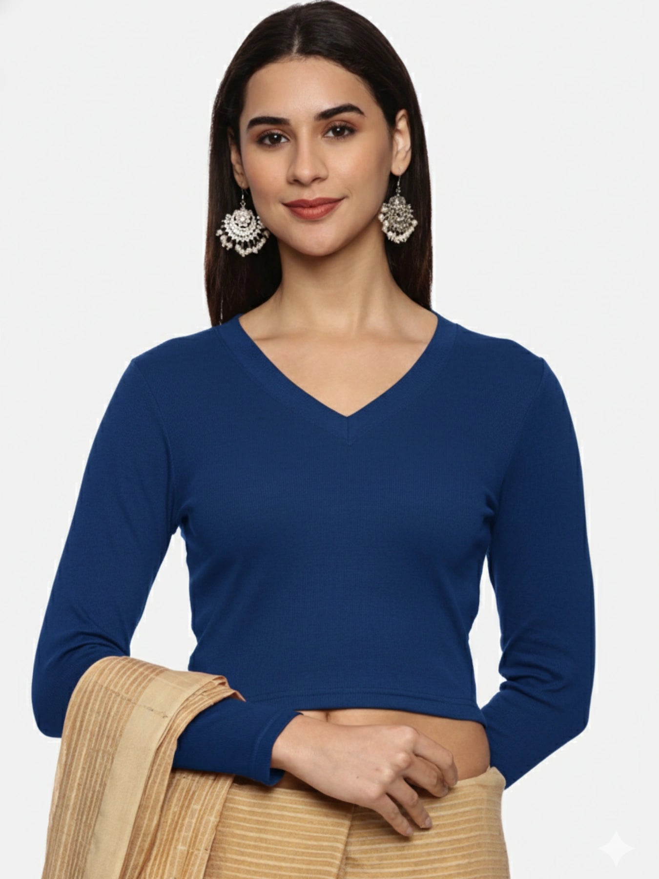 Women Back Printed Stretchable Full Sleeve V Neck RIB Blouse U0214 Royal Blue