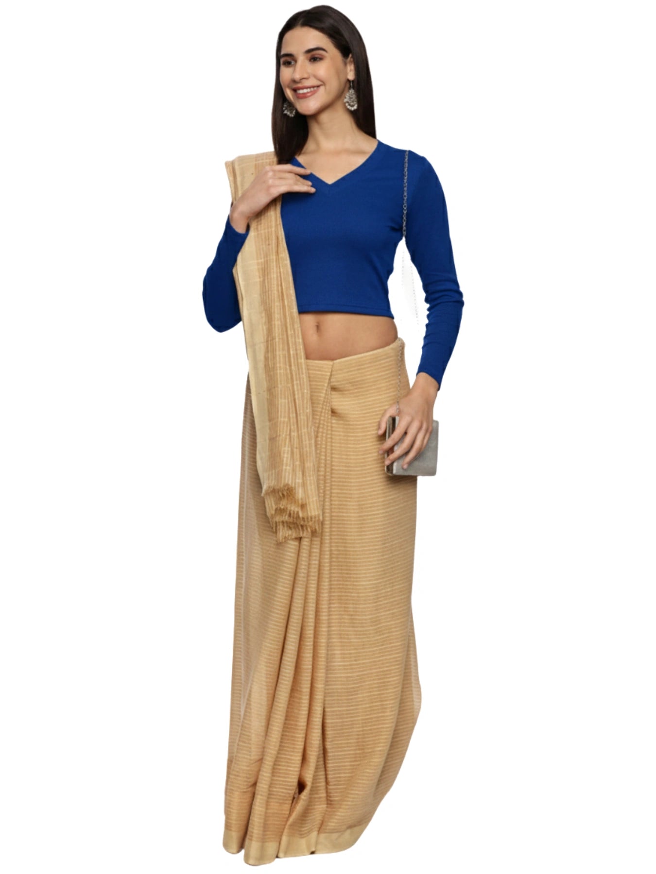 Women Plain Stretchable Full Sleeve V Neck RIB Blouse U0191 Royal Blue