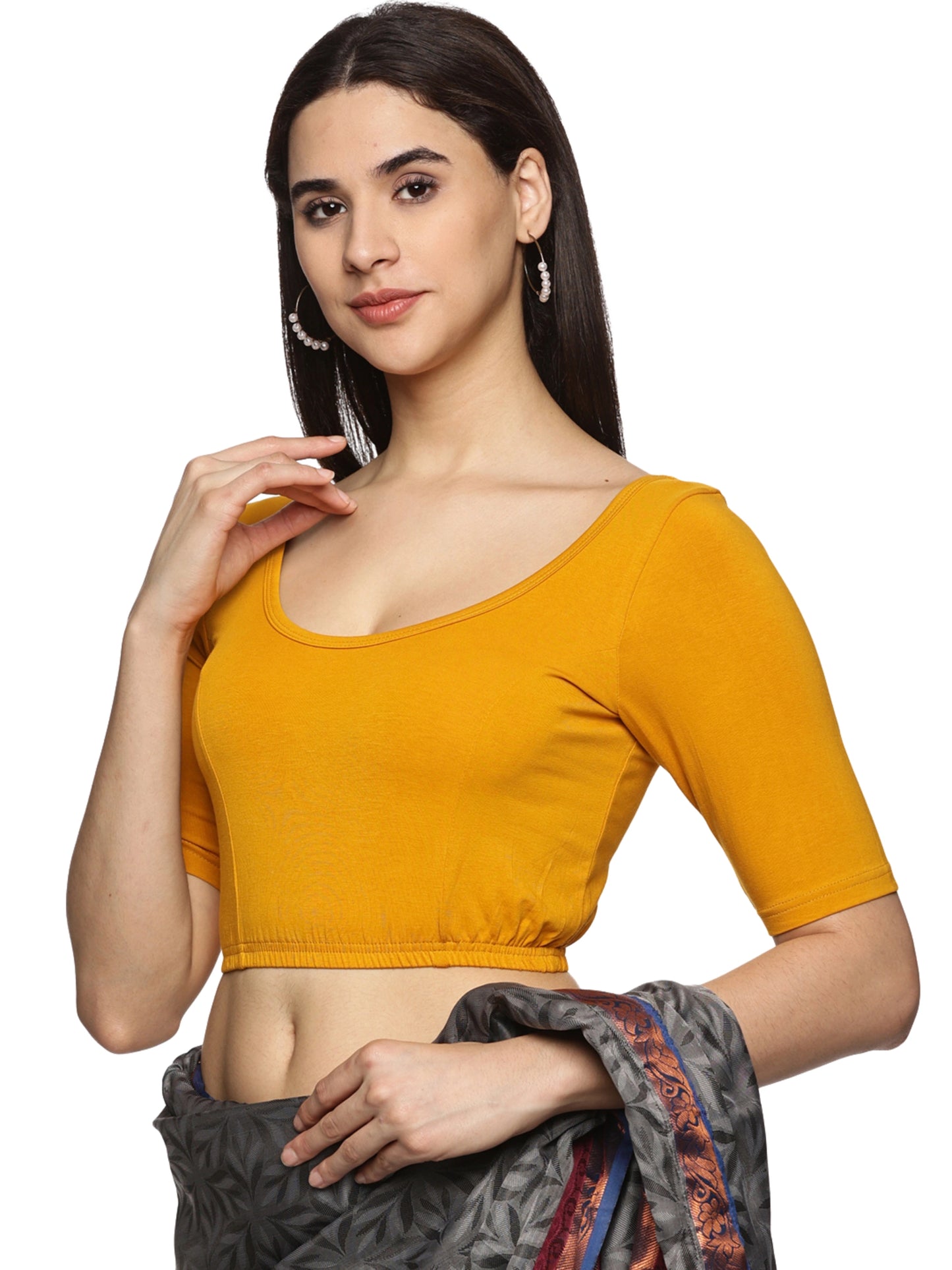 Women Plain Stretchable Half Sleeve Blouse U01A Mustard