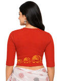 Women Back Printed Stretchable Elbow Sleeve RIB Blouse U0148 Dark Orange