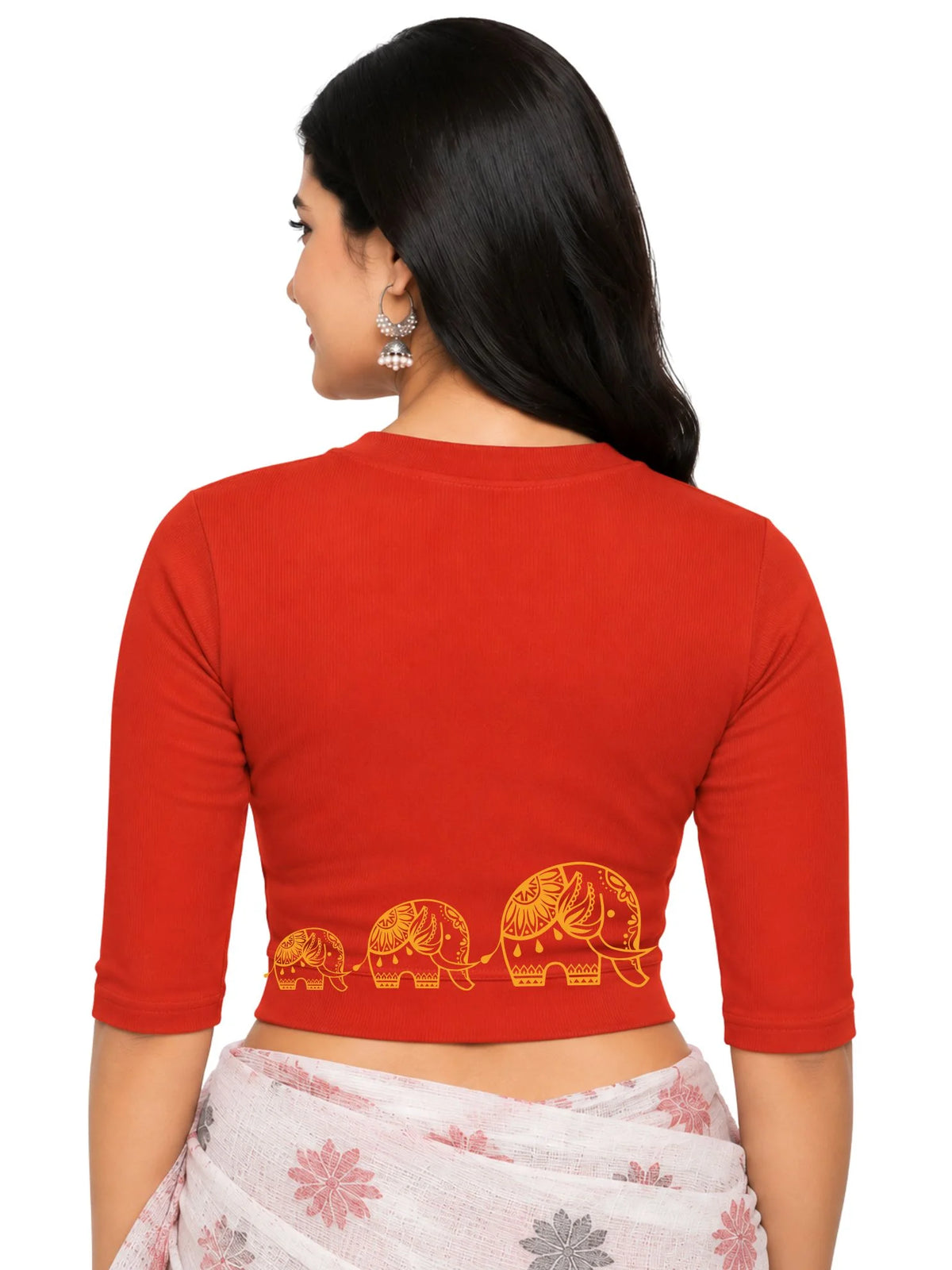 Women Back Printed Stretchable Elbow Sleeve RIB Blouse U0148 Dark Orange