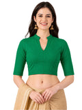 Women Mandarin Collar Plain Stretchable Elbow Sleeve Blouse U0271 Emerald Green