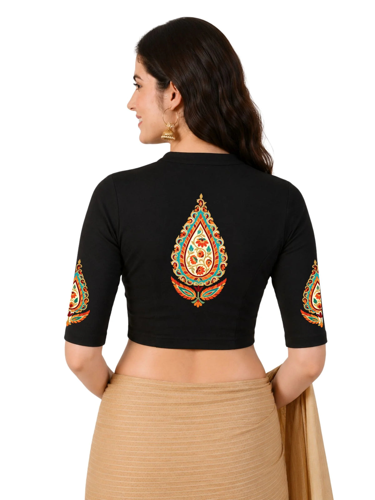 Women Mandarin Collar Back Printed Stretchable Elbow Sleeve Blouse U0279 Black