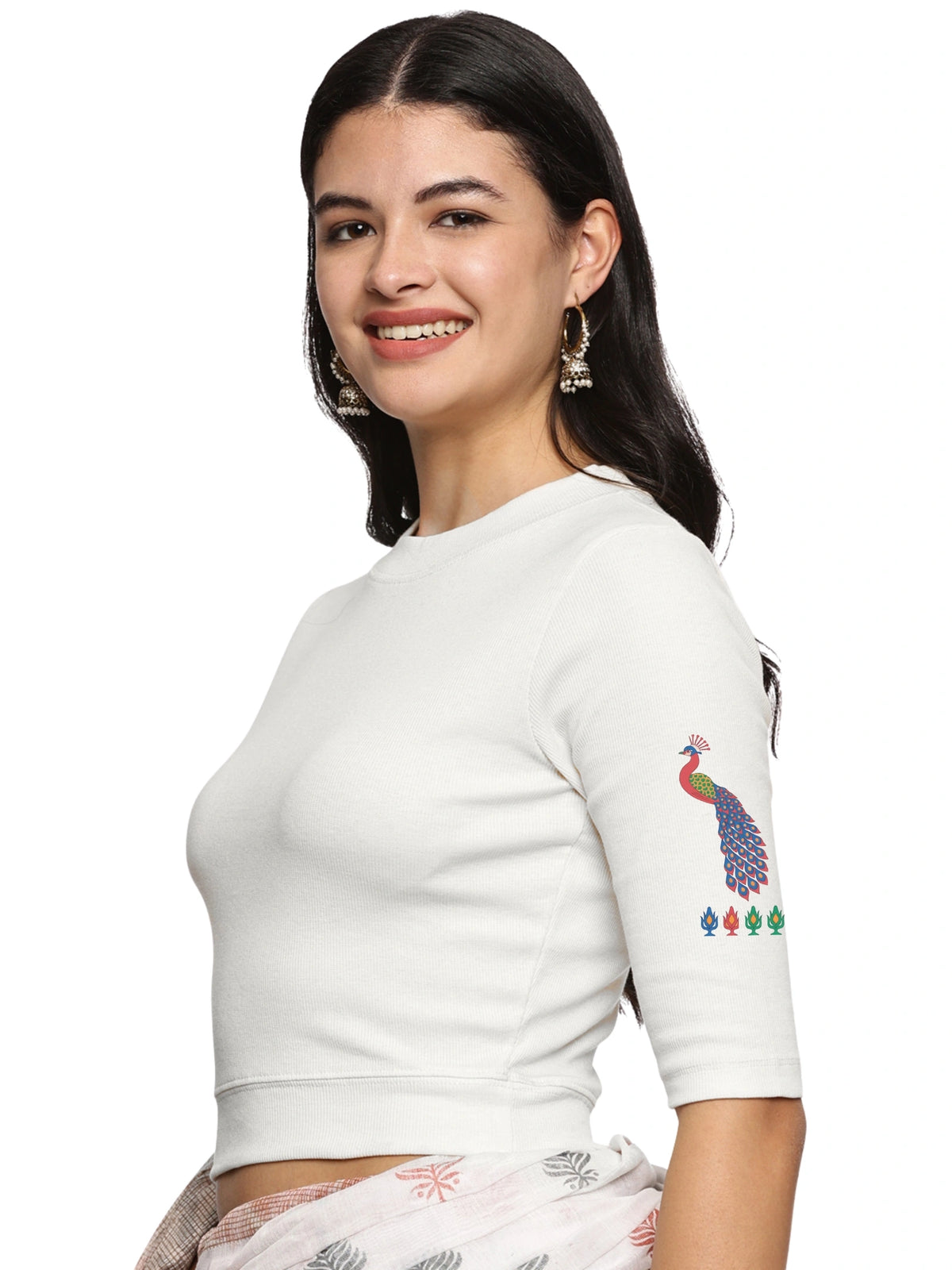 Women Back Printed Stretchable Elbow Sleeve RIB Blouse U0254 White