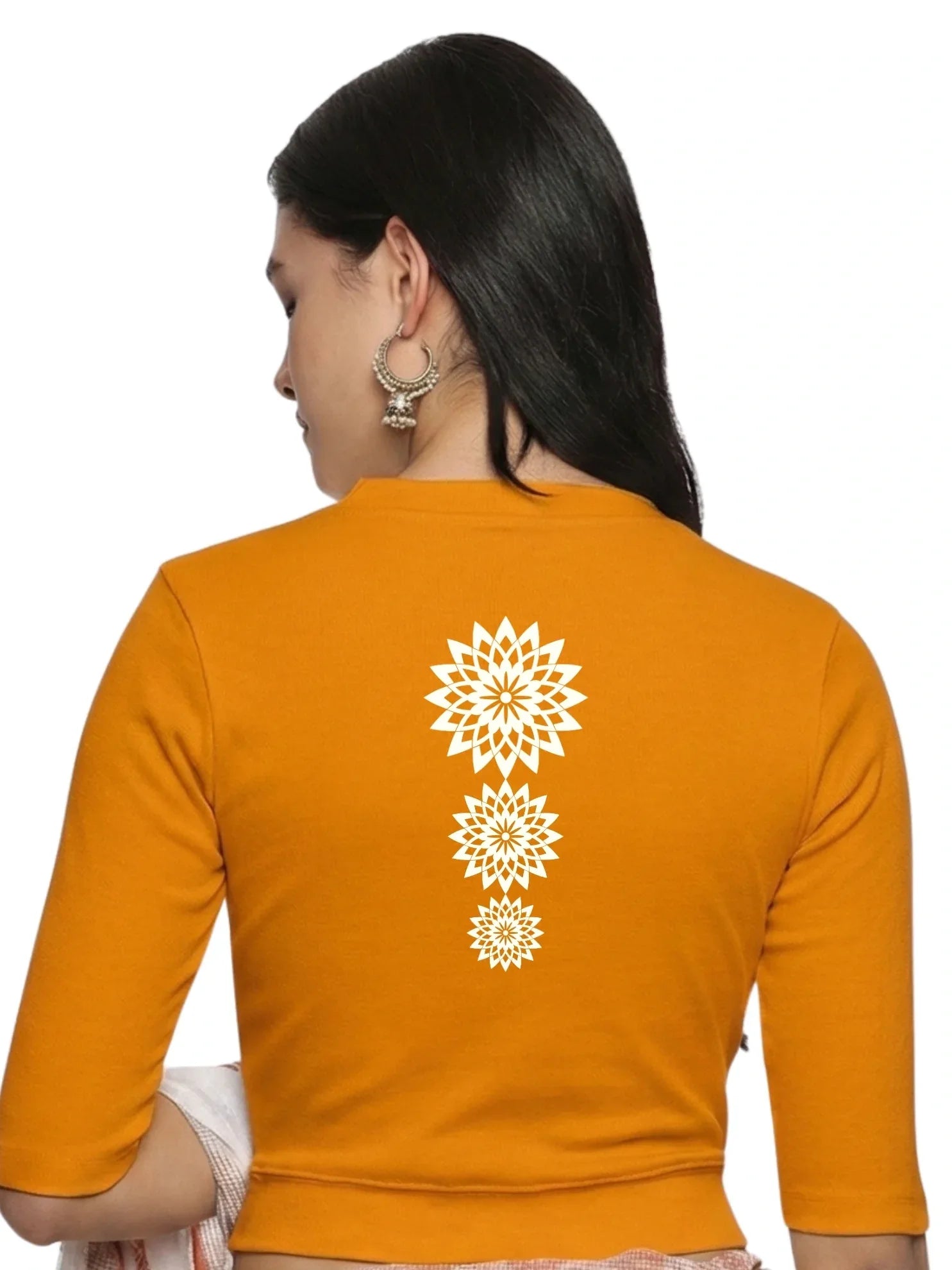 Women Back Printed Stretchable Elbow Sleeve RIB Blouse U0170 - notyetbyus