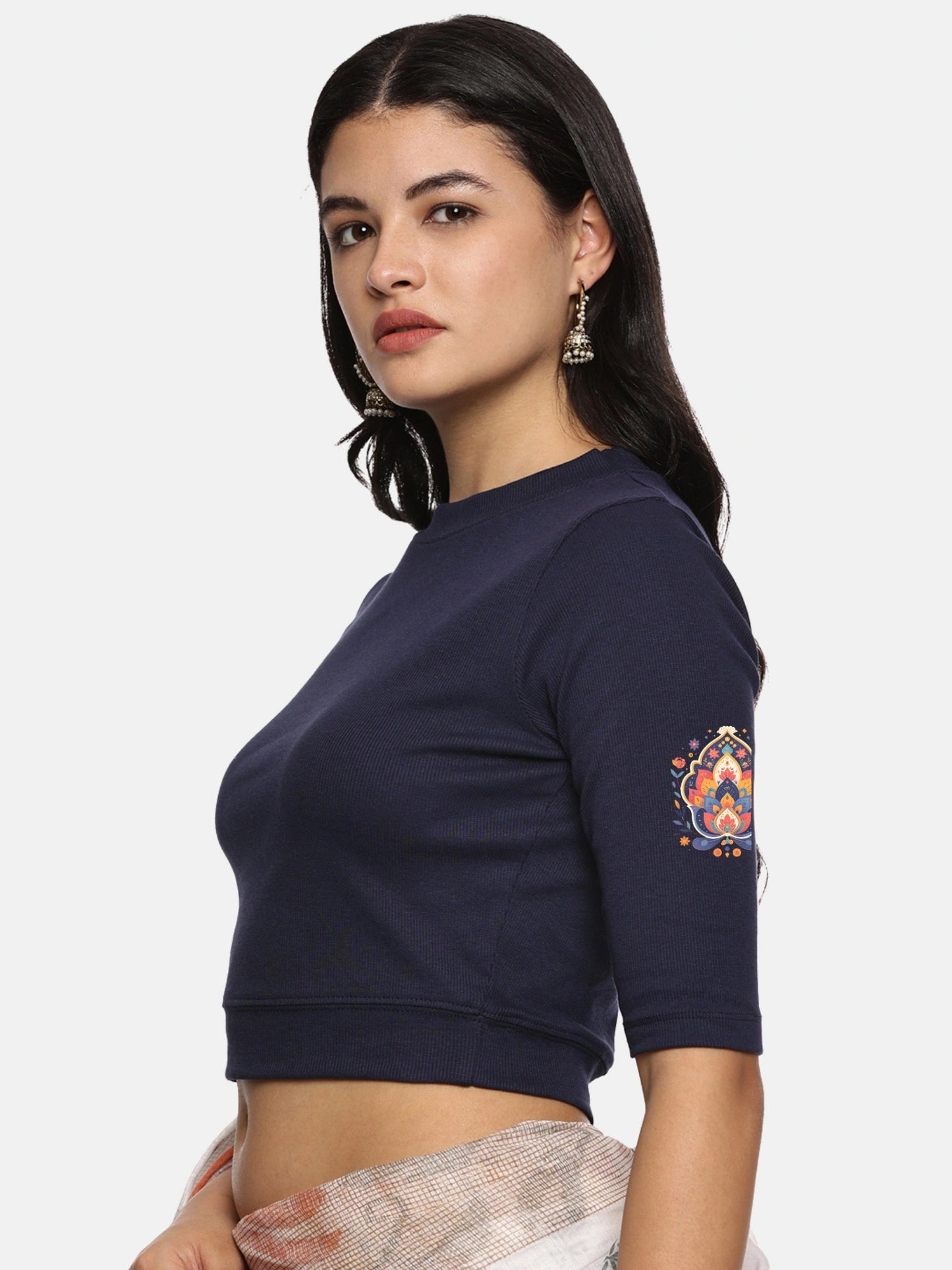 Women Back Printed Stretchable Elbow Sleeve RIB Blouse U0157 Navy